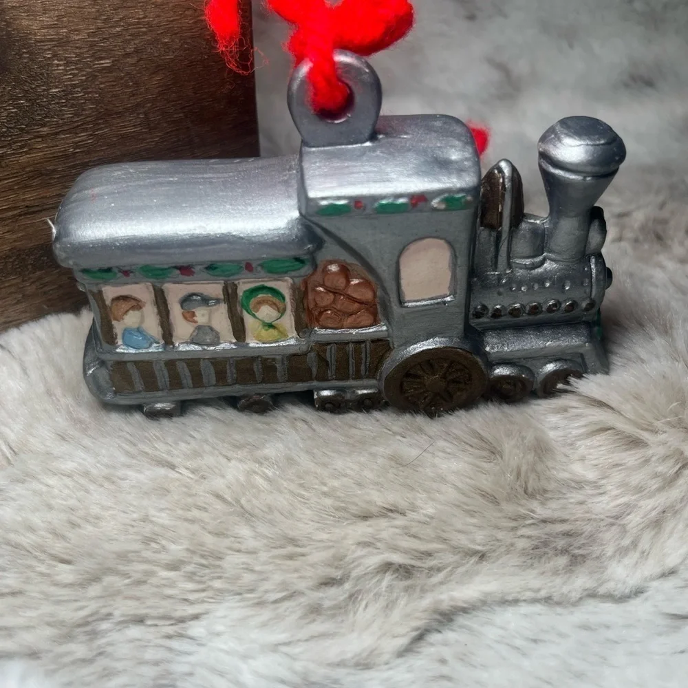Vintage Christmas Train Ornament | Silver Engine with Passengers | Holiday Décor